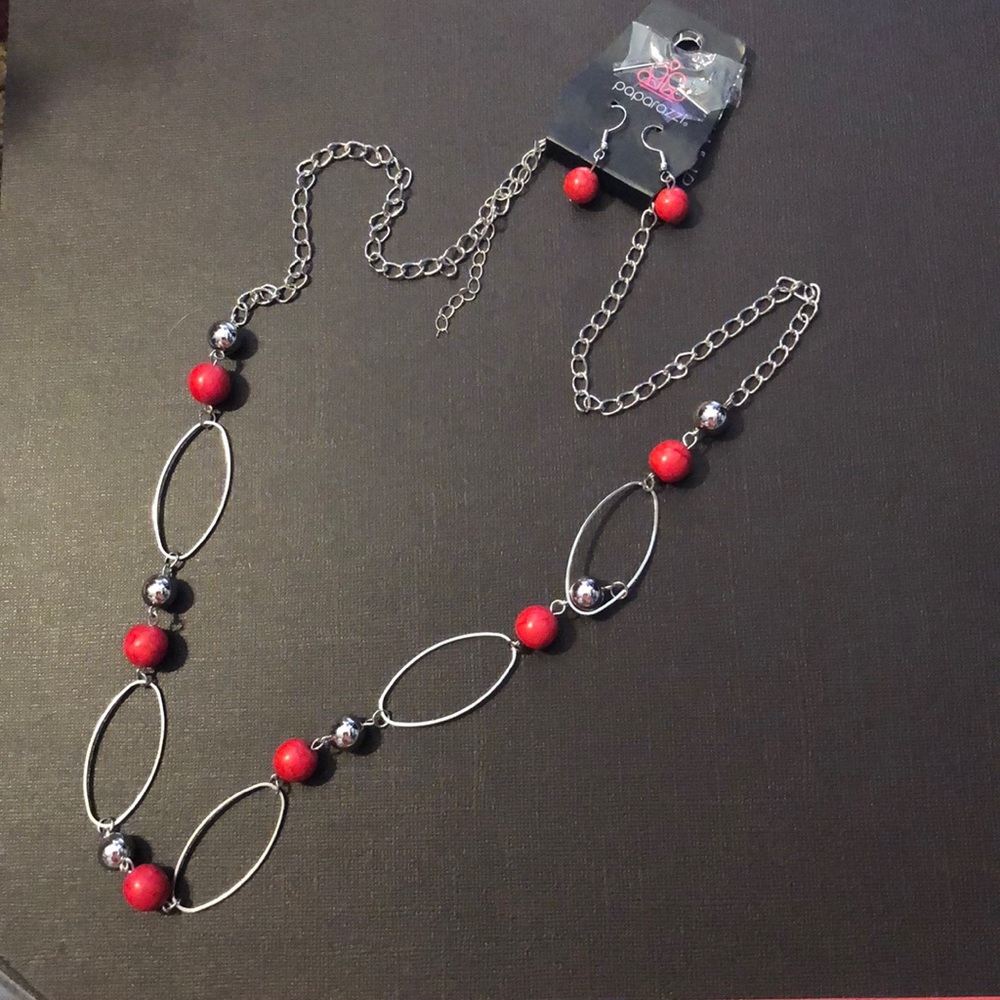 Silver Fashion Necklace w/ Red Beads